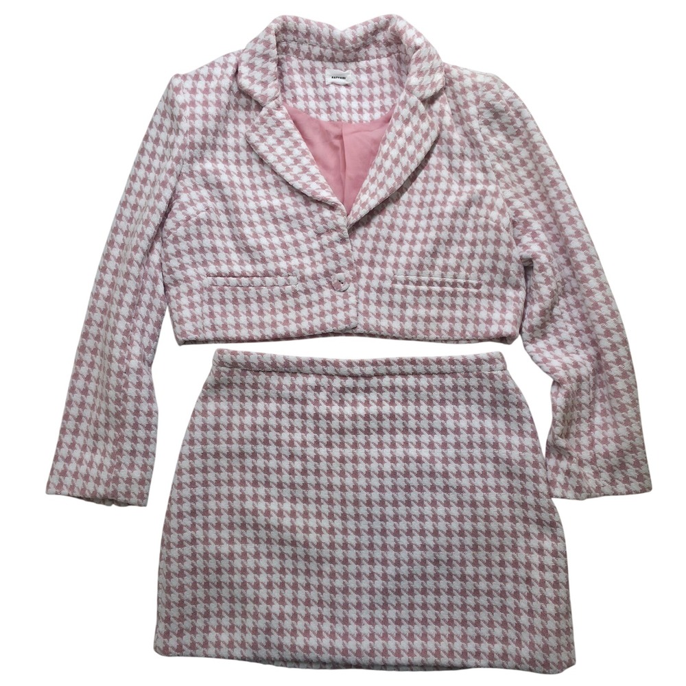 Aureum Pink Houndstooth Tweed 2 Piece Set Crop Blazer Mini Skirt Suit AO1164 M